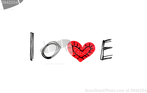 Image of Word ''Love'' with abstract heart on white background