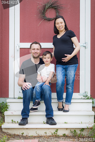 Image of Portrait of Happy Mixed Race Pregnant Couple with Young Son