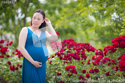 Image of Young Pregnant Chinese Woman Portrait in Park