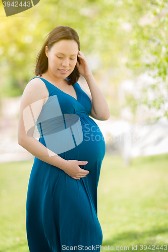 Image of Young Pregnant Chinese Woman Portrait in Park