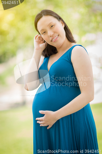 Image of Young Pregnant Chinese Woman Portrait in Park