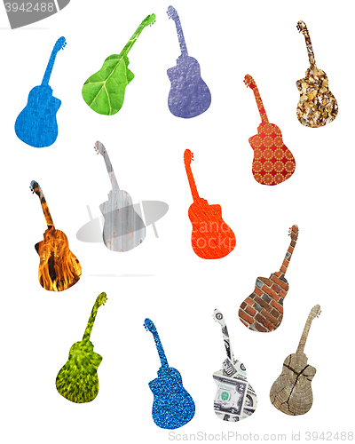 Image of many colored guitars isolated