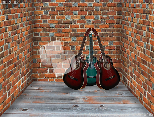 Image of three guitars in the corner of the room