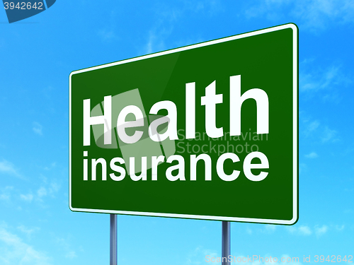 Image of Insurance concept: Health Insurance on road sign background