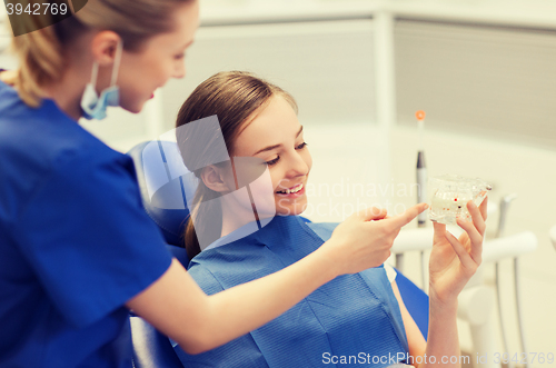 Image of dentist showing jaw layout to happy girl patient