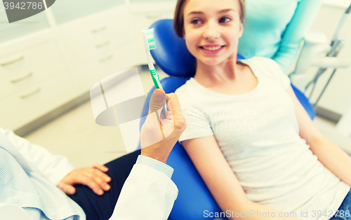 Image of close up of dentist hand with toothbrush and girl