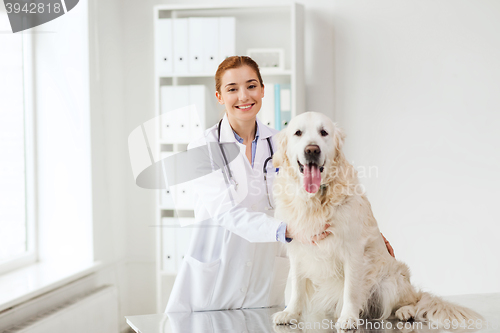 Image of happy doctor with retriever dog at vet clinic