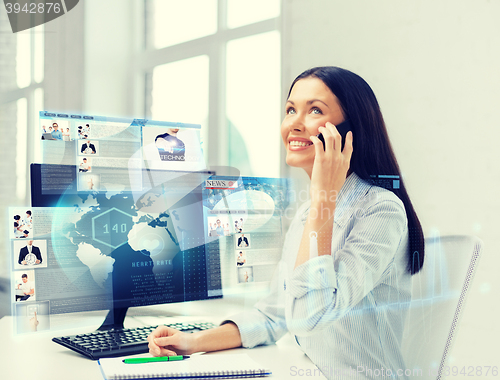 Image of smiling businesswoman or student with smartphone