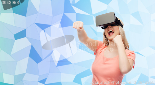 Image of woman in virtual reality headset or 3d glasses