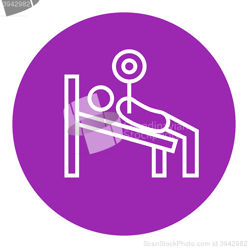 Image of Man lying on bench and lifting barbell line icon.