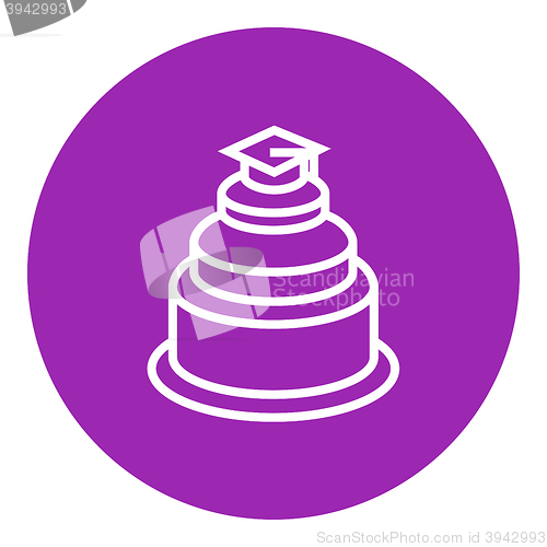 Image of Graduation cap on top of cake line icon.