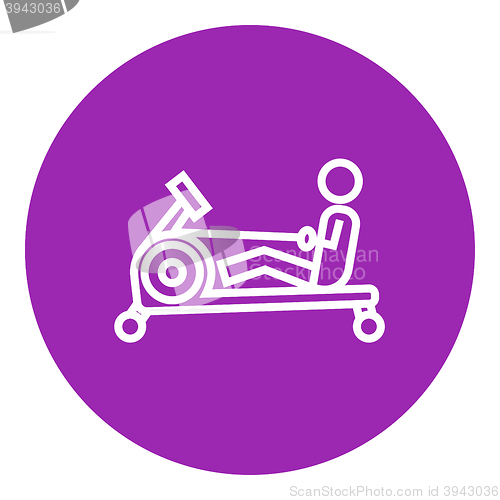 Image of Man exercising with gym apparatus line icon.