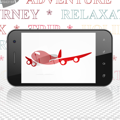 Image of Travel concept: Smartphone with Airplane on display