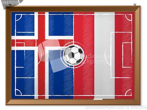 Image of Soccer field with austrian and iceland flag