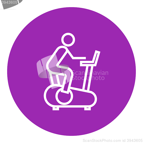 Image of Man training on exercise bike line icon.