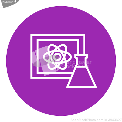 Image of Atom sign drawn on board and flask line icon.