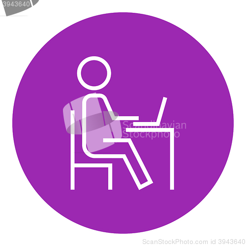 Image of Student sitting on chair in front of laptop line icon.