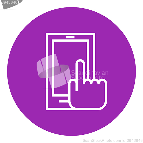 Image of Finger pointing at smart phone line icon.
