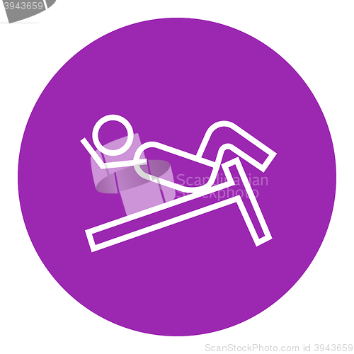 Image of Man doing crunches on incline bench line icon.