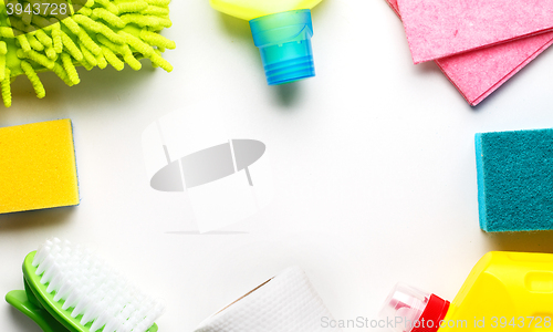 Image of House cleaning products on white table