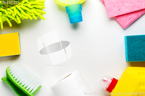 Image of House cleaning products on white table