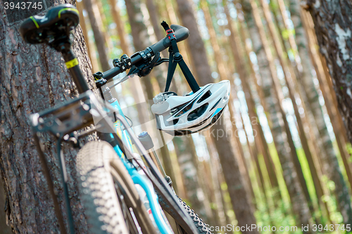 Image of cycling helmet closeup on bicycle outdoors