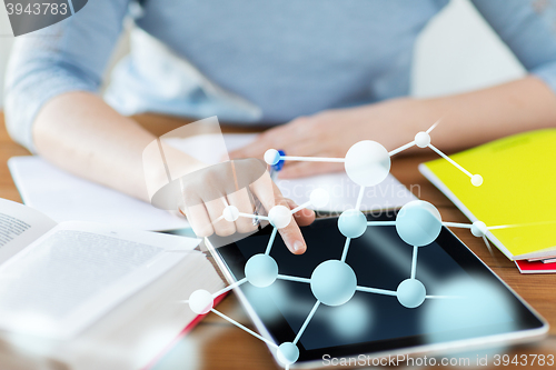 Image of close up of woman with molecule on tablet pc