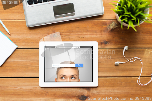 Image of close up of tablet pc computer on wooden table