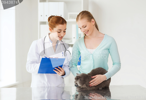 Image of happy woman with cat and doctor at vet clinic