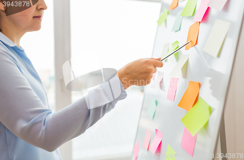 Image of close up of hand pointing to sticker on flip chart