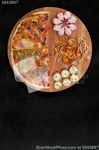 Image of pizza and sushi f
