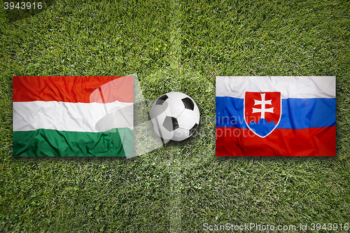 Image of Hungary vs. Slovakia flags on soccer field