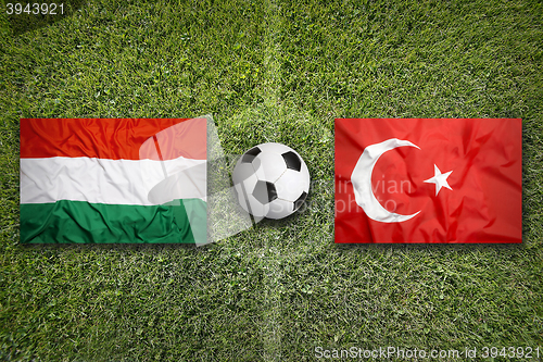 Image of Hungary vs. Turkey flags on soccer field