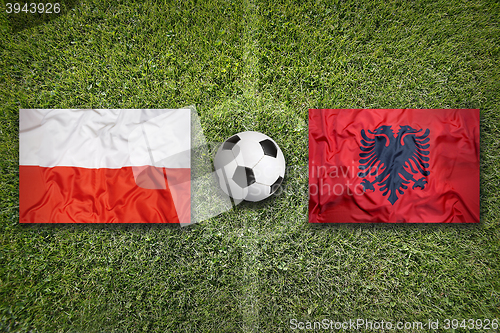 Image of Poland vs. Albania flags on soccer field