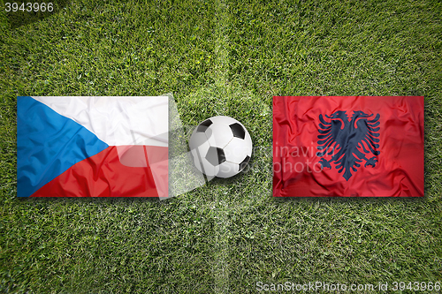 Image of Czech Republic vs. Albania flags on soccer field