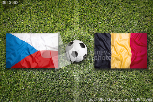 Image of Czech Republic vs. Belgium flags on soccer field