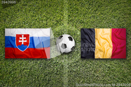 Image of Slovakia vs. Belgium flags on soccer field