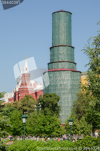 Image of Moscow, Russia - August 11, 2015: Reconstruction of one of the towers of the Kremlin wall in Moscow