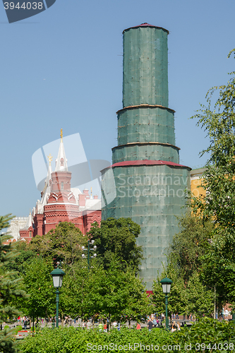 Image of Moscow, Russia - August 11, 2015: Reconstruction of one of the towers of the Kremlin wall in Moscow