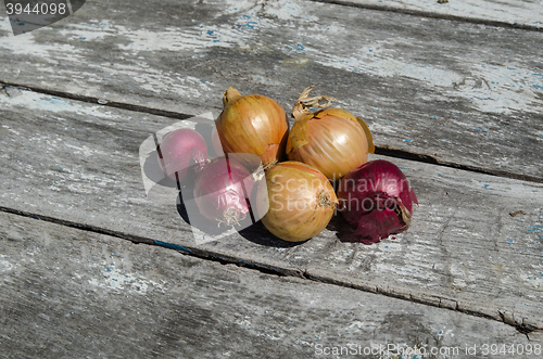 Image of Raw onions on a rustic table