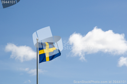 Image of Swedish flag waving at a summer sky