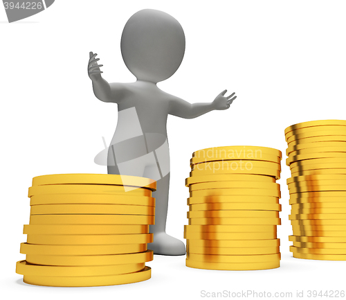 Image of Savings Character Shows Man Finances And Cash 3d Rendering