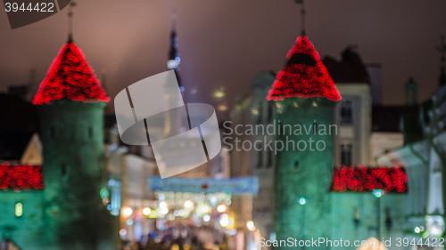 Image of Decorated Christmas Tallinn. Abstract blurred lights background