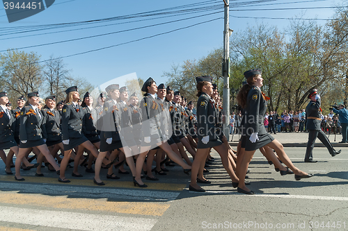 Image of Women-cadets of police academy marching on parade