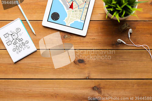 Image of close up of tablet pc with gps navigtor map