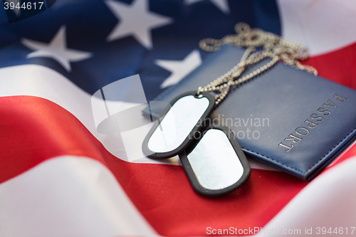 Image of american flag, passport and military badge