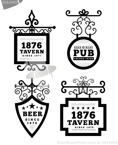 Image of Tavern sign, metal frame with curly elements.