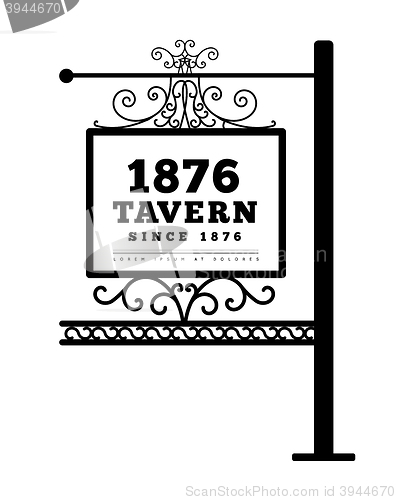Image of Tavern sign, metal frame with curly elements.