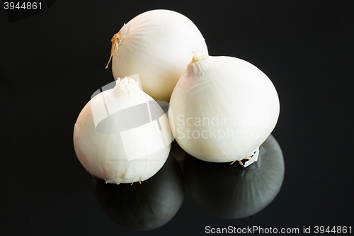 Image of Three whole fresh raw white onions