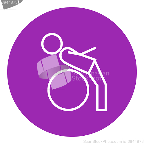 Image of Man doing exercises lying on gym ball line icon.